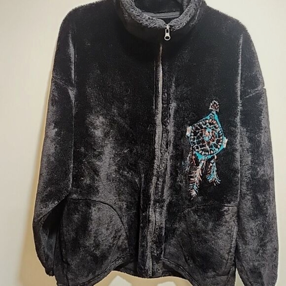 Bear Ridge Dreamcatcher Jacket Men's L Black Fleece Full Zip Native American Vin